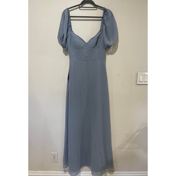 NWT Barbie x Azazie Chiffon A-Line Dress with Puff Sleeve Dusty Blue Women's 6A - Picture 2 of 8